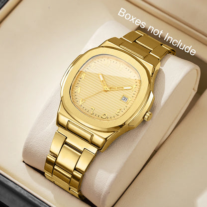 Luxury Men Business Watches Fashion Square Dial Stainless Steel Strap Quartz Watch with Calendar For Mens Clock（Without Box）